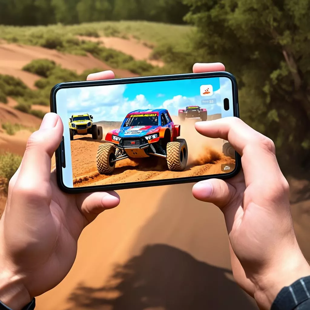 Gamer playing a racing game on a phone