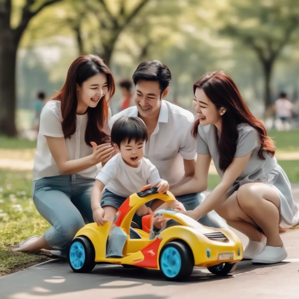 Gia đình chơi xe ô tô điện cùng con