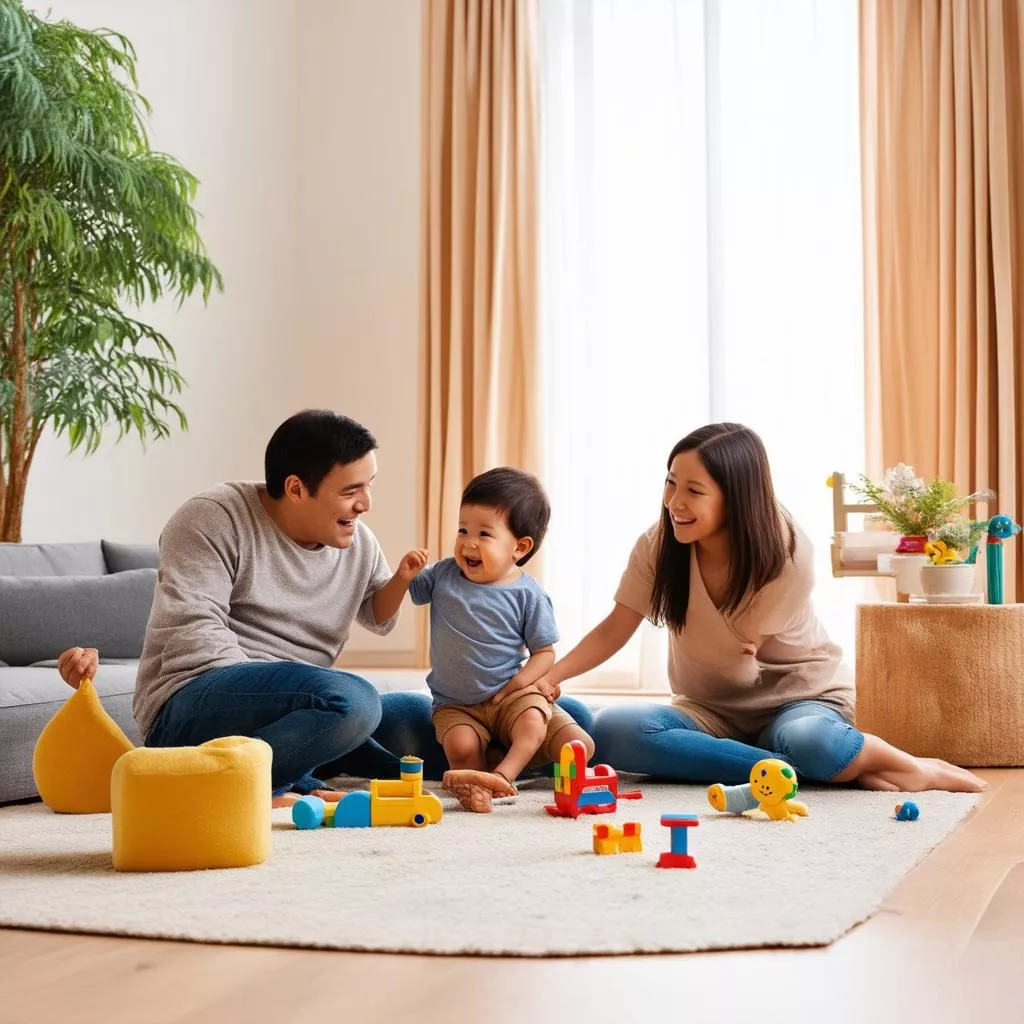 परिवार लिविंग रूम में एक साथ खेल रहा है