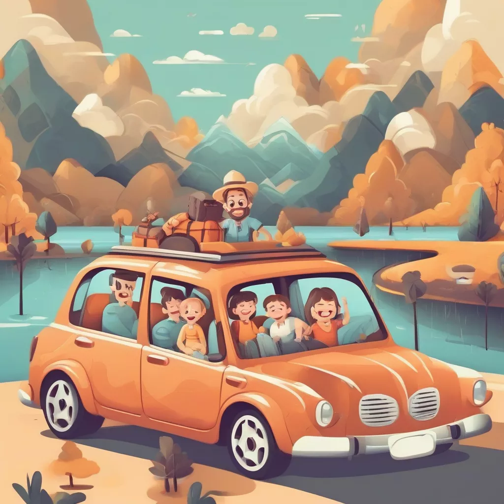 A happy family traveling by car