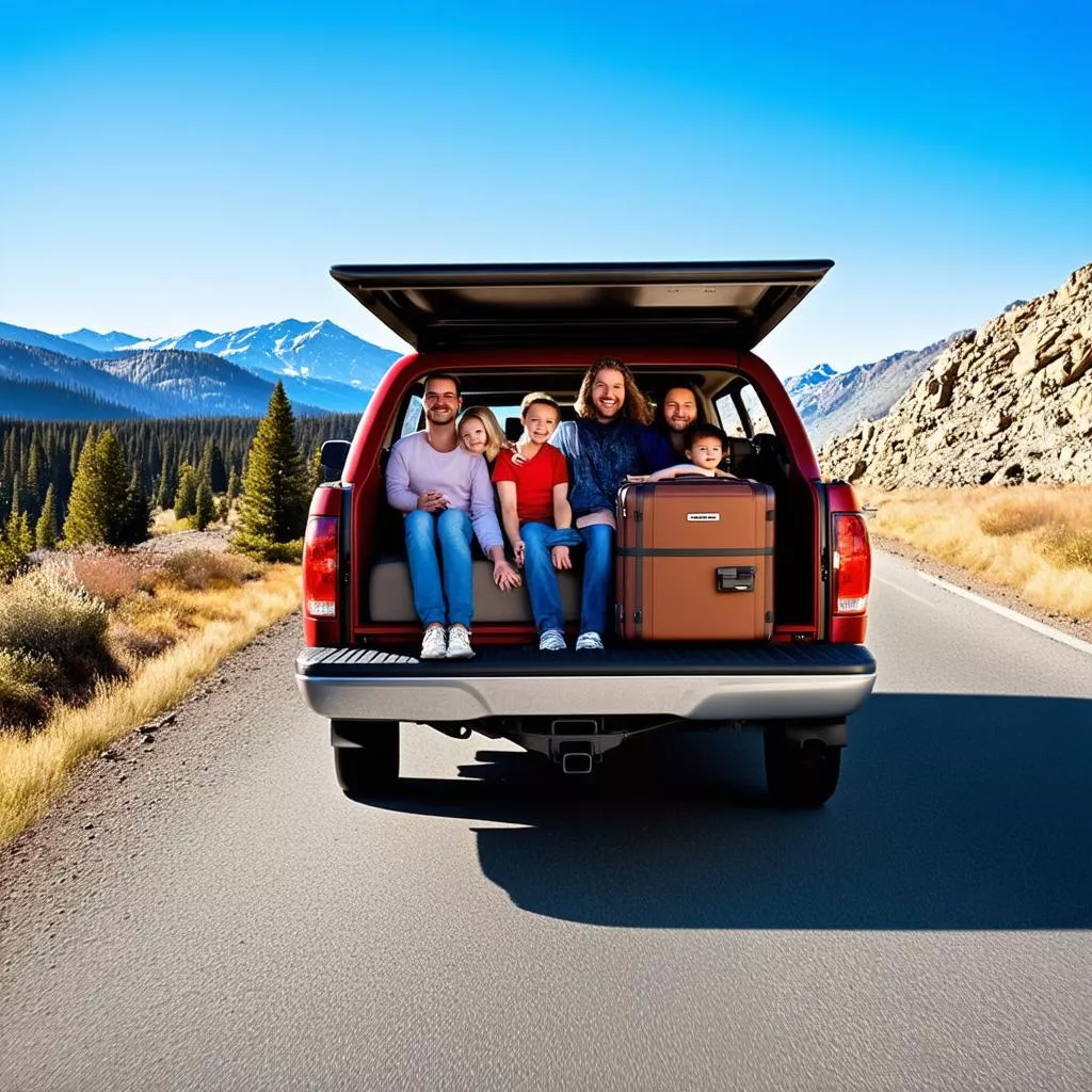 Famille voyageant en pick-up