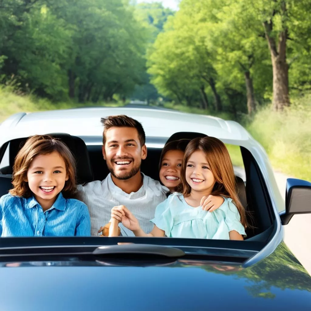 Gia đình hạnh phúc trên xe ô tô