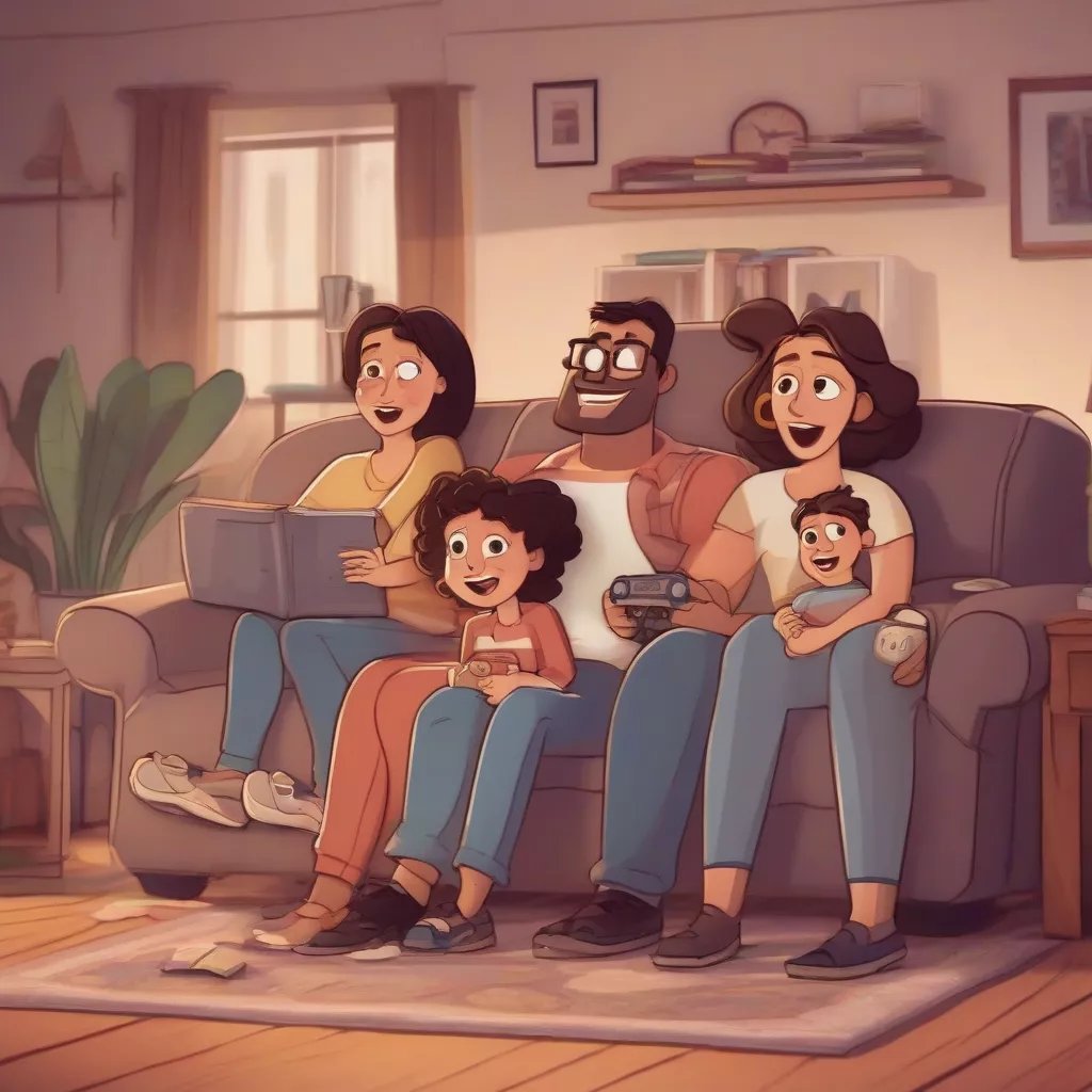 Familie schaut sich einen Animationsfilm über Autos an