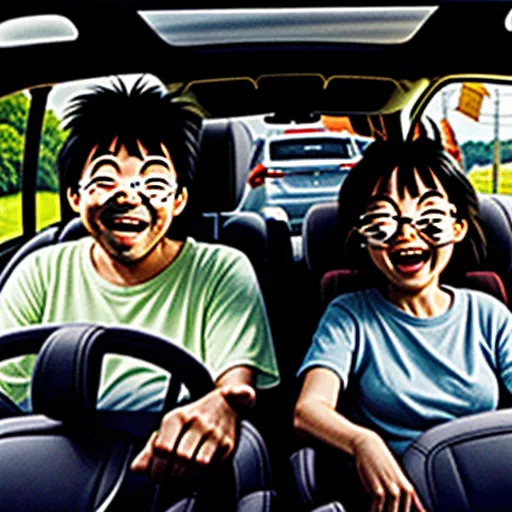 Famille heureuse en voiture