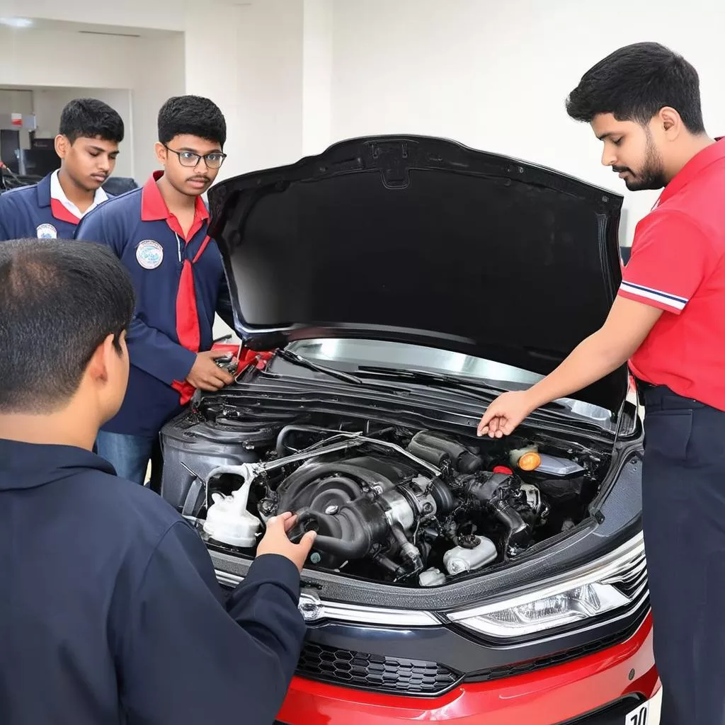 Instructor guiding students in a practical session