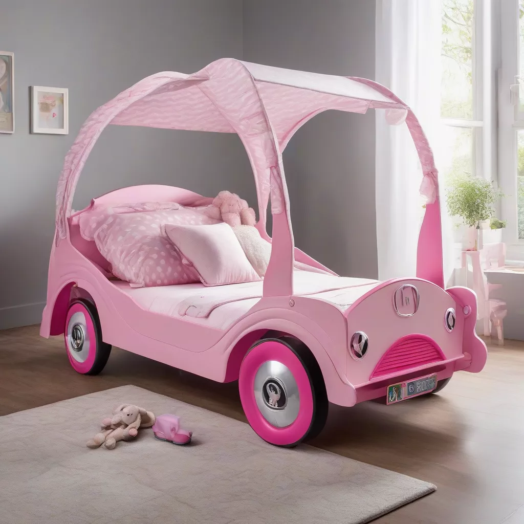 Giường trẻ em hình ô tô màu hồng