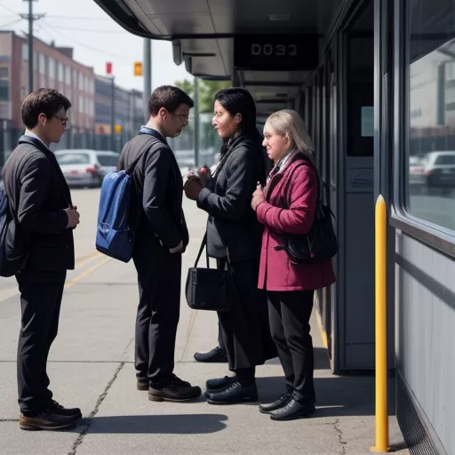 Passengers exiting a bus at a stop