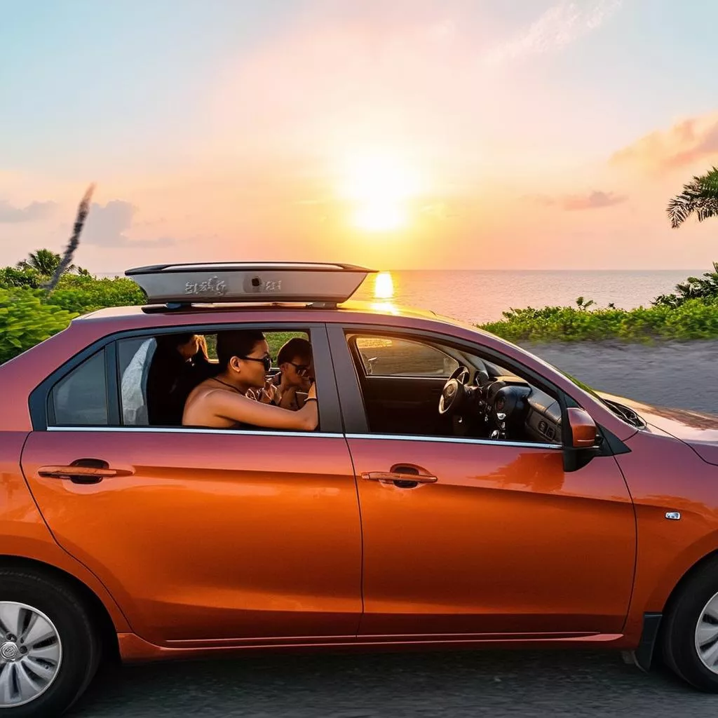 Hồ hởi tự lái xe ô tô trên con đường ven biển Phú Quốc