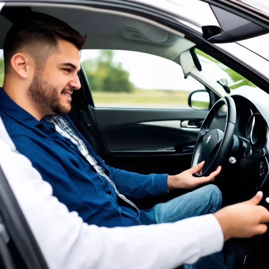 Người đàn ông đang học lái xe ô tô