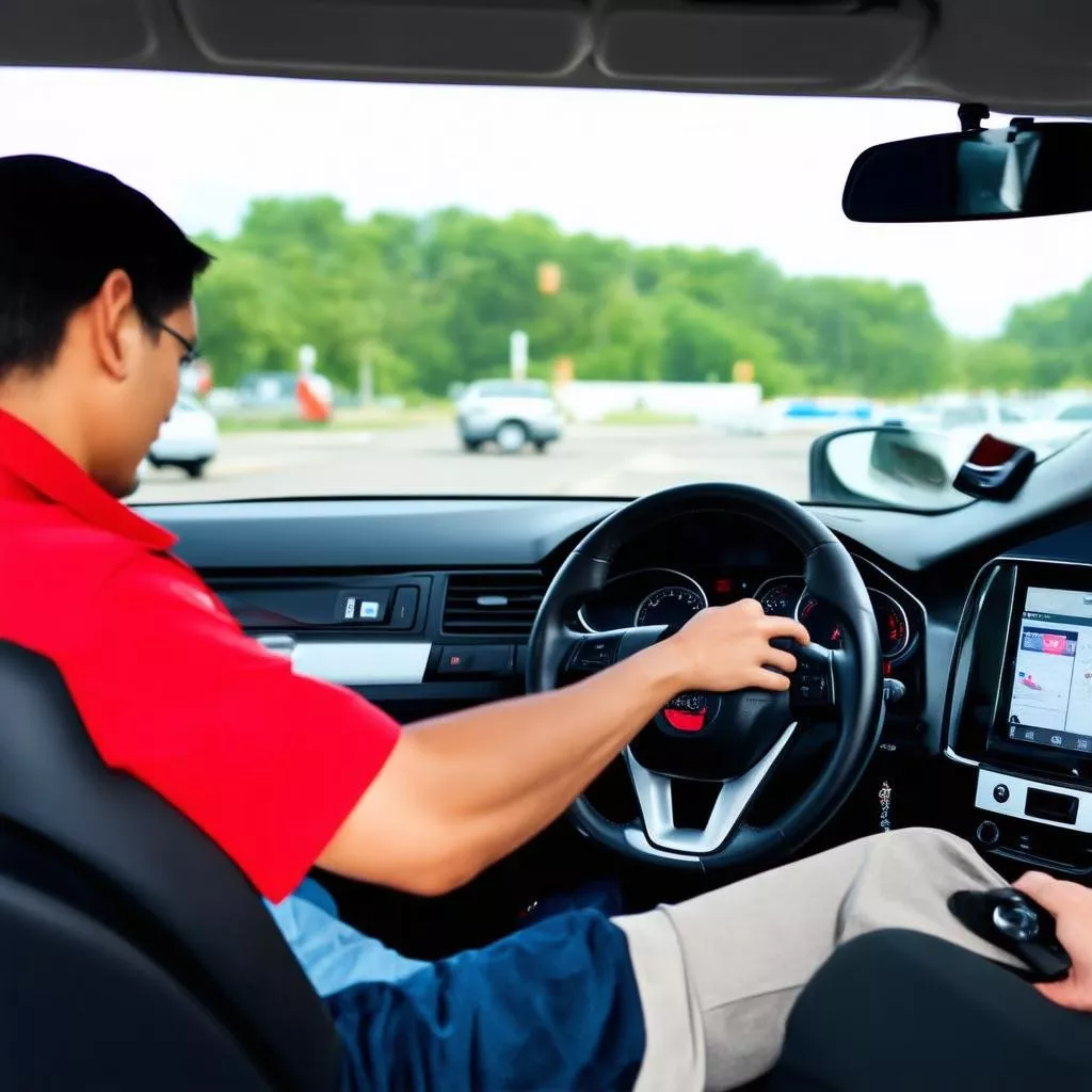 운전 강사와 함께 운전 연습 중인 수강생