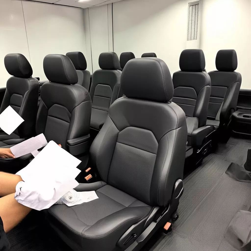 Étudiant en formation pratique de garnissage de siège en cuir pour camion Isuzu