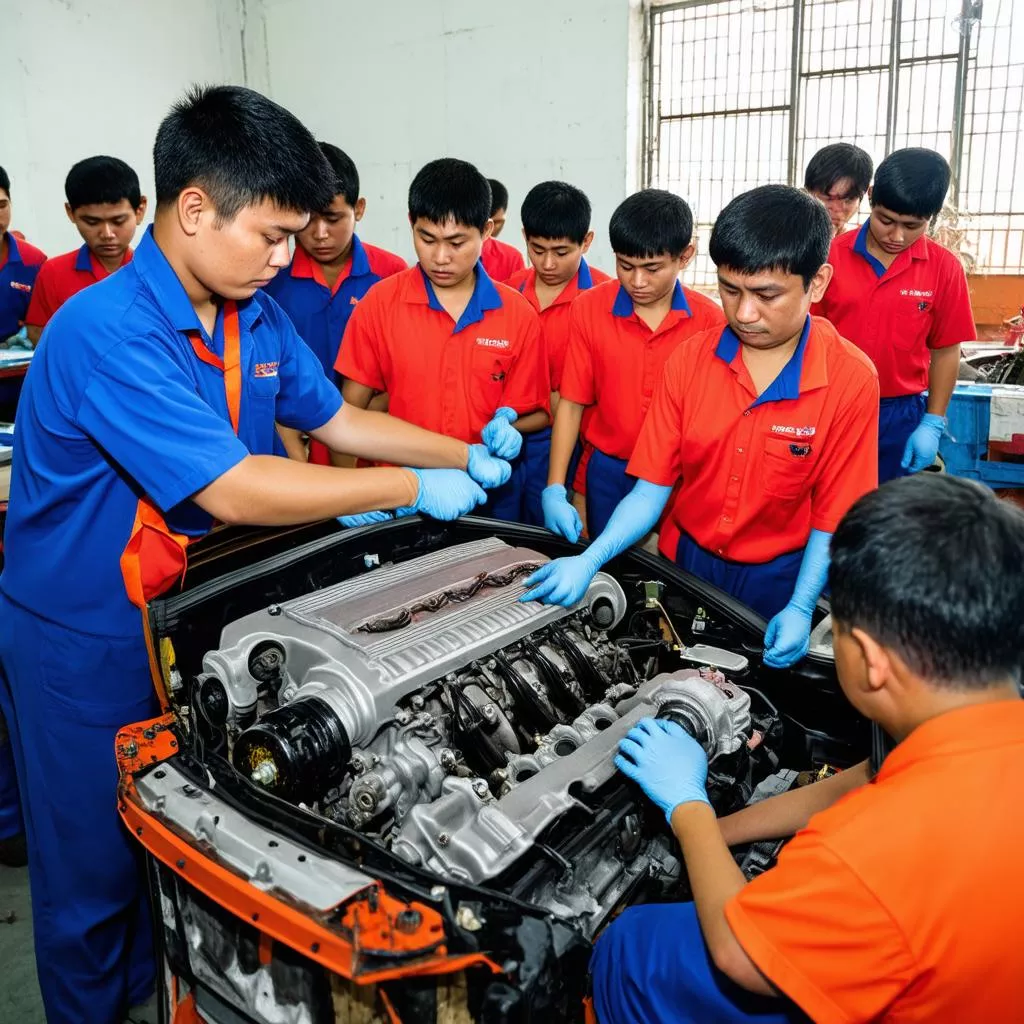 Students practicing car engine repair