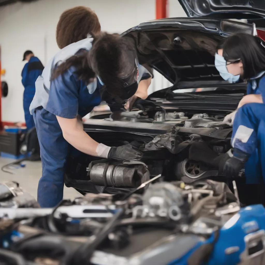 Students practicing car repair