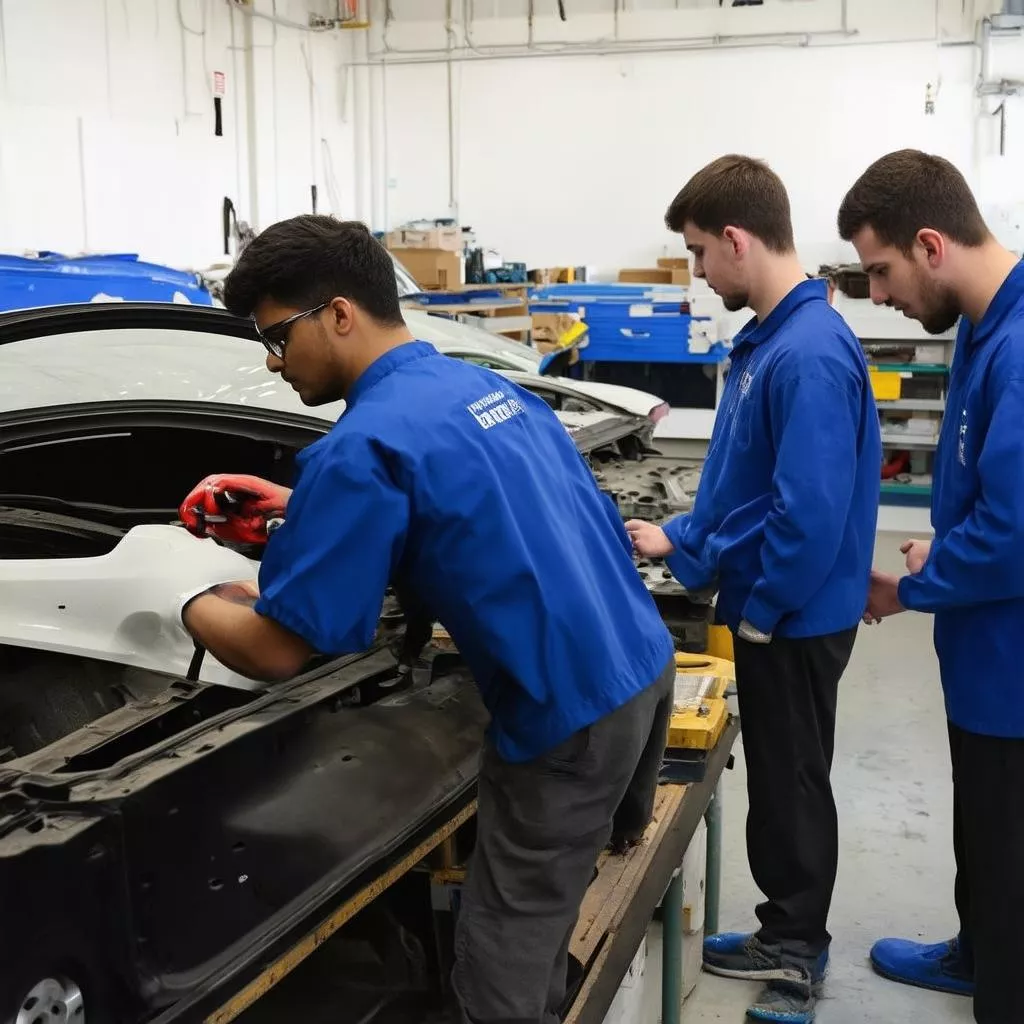 Students practicing auto repair