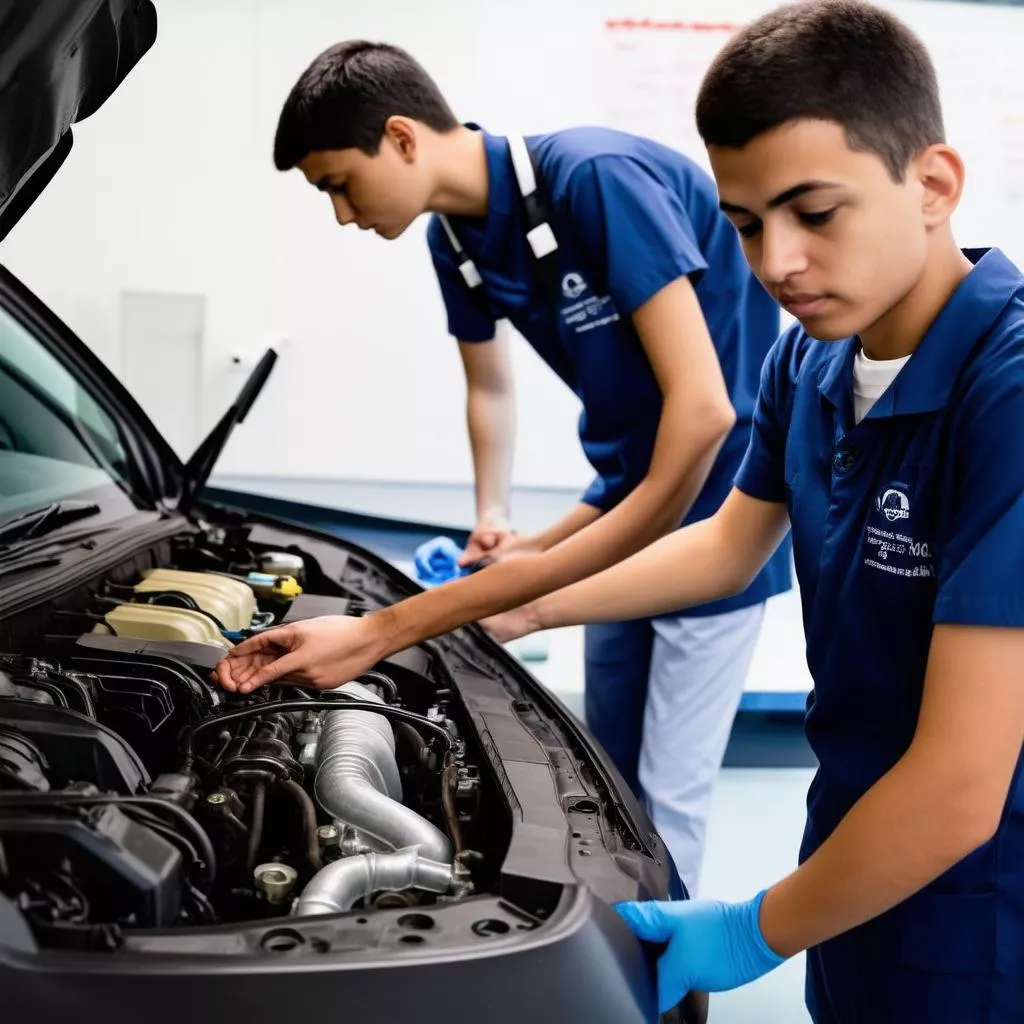 Automotive technician students working in a workshop
