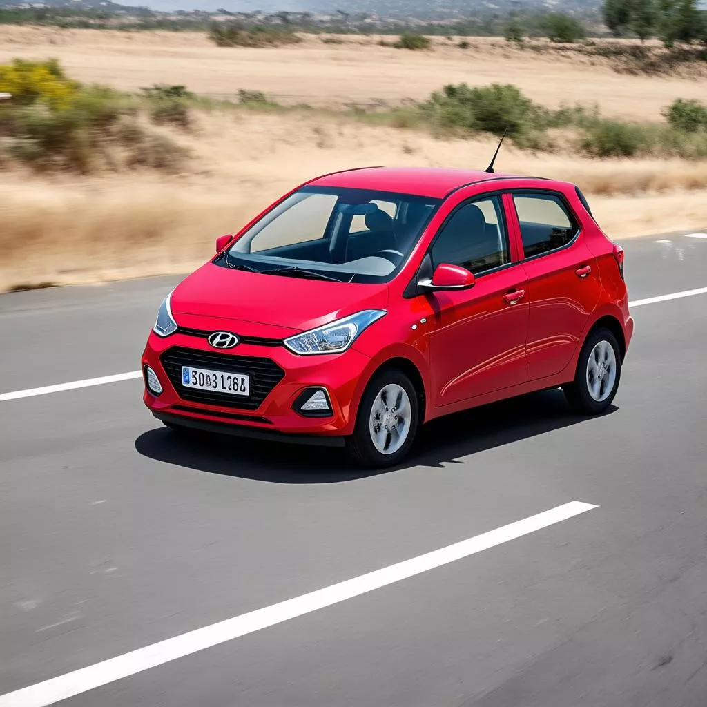 Red Hyundai i10 driving on a highway