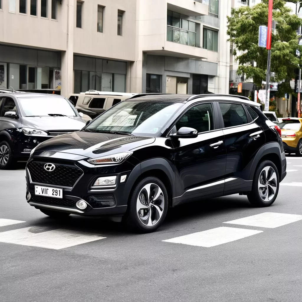 Hyundai Kona màu đen nổi bật trên đường phố