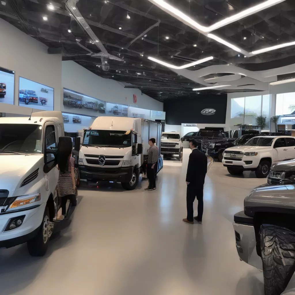 ショールームでトラックを見ているお客様