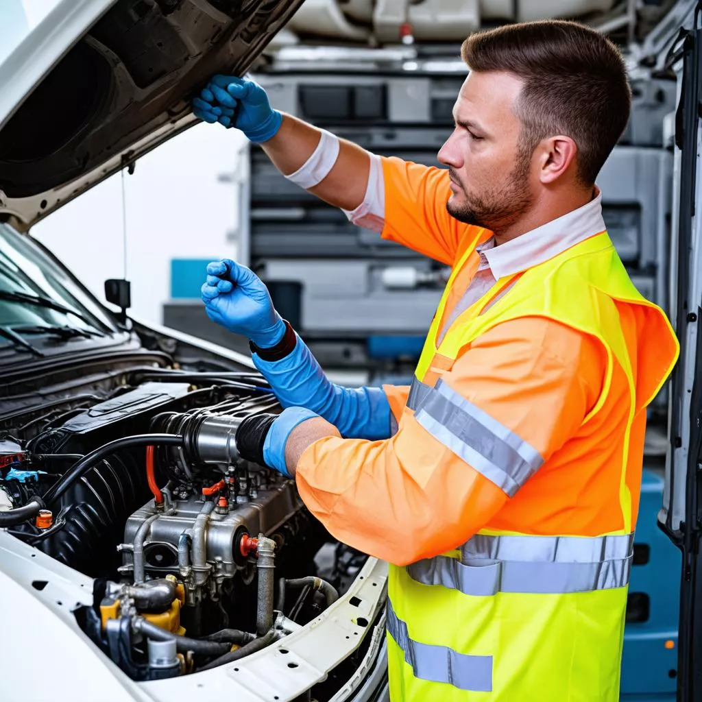 Insinyur memeriksa mesin truk