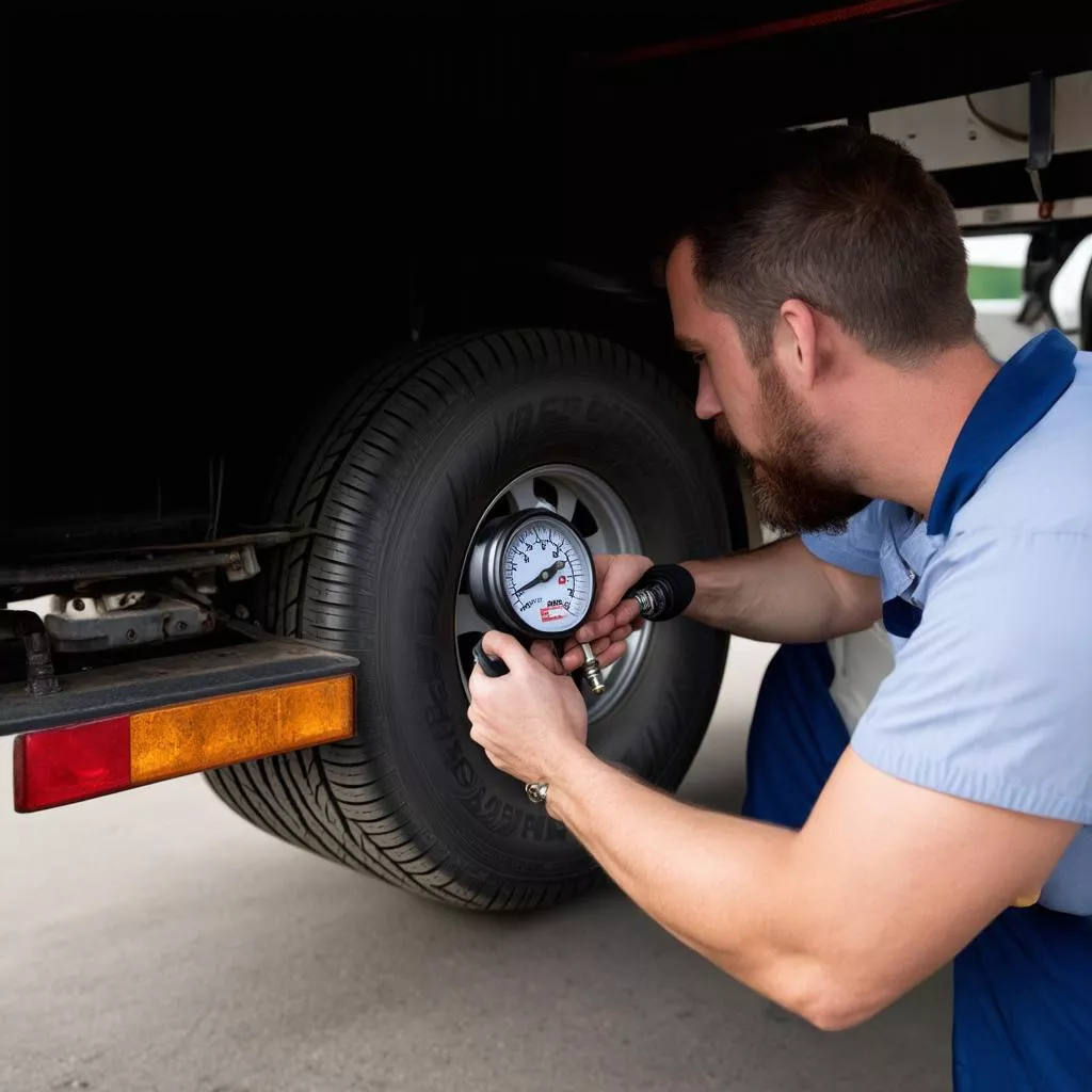 Mechanic checking truck tire pressure