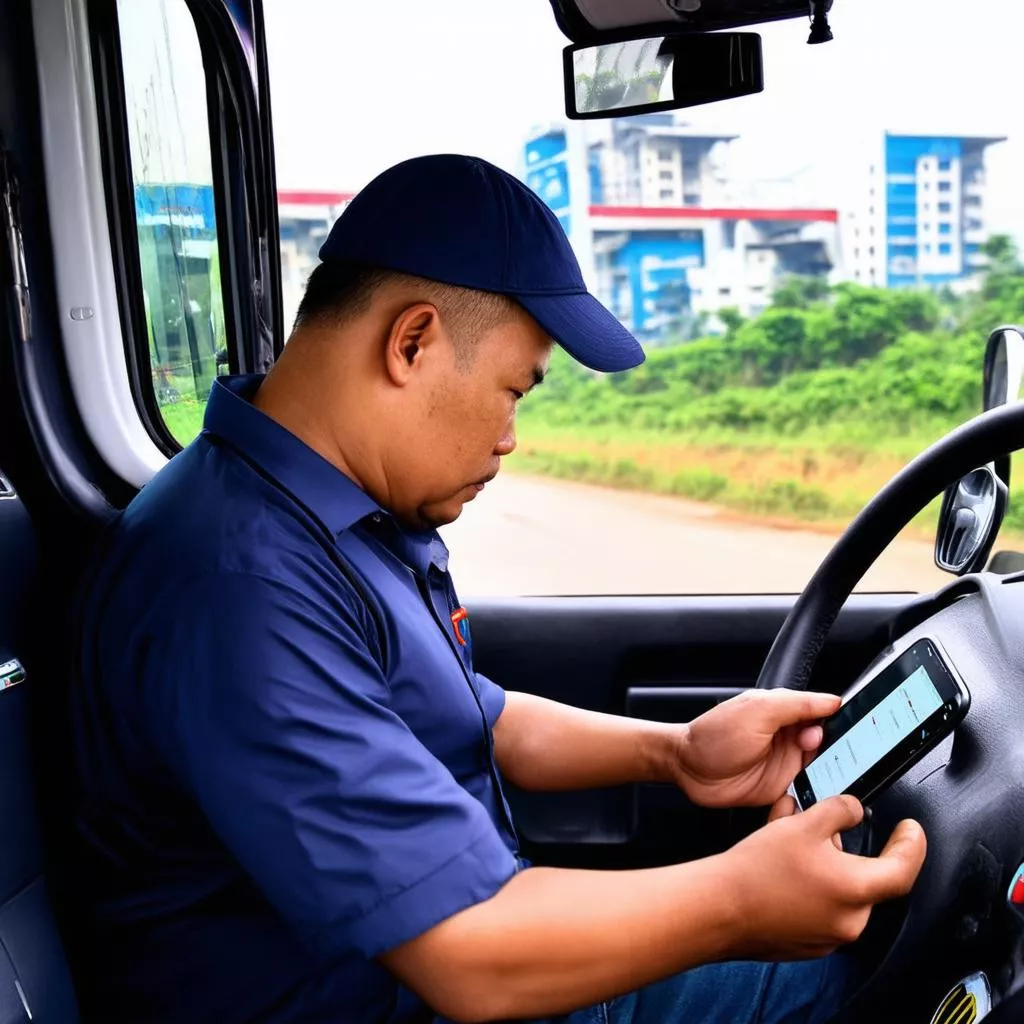 Truck driver checking insurance on a phone