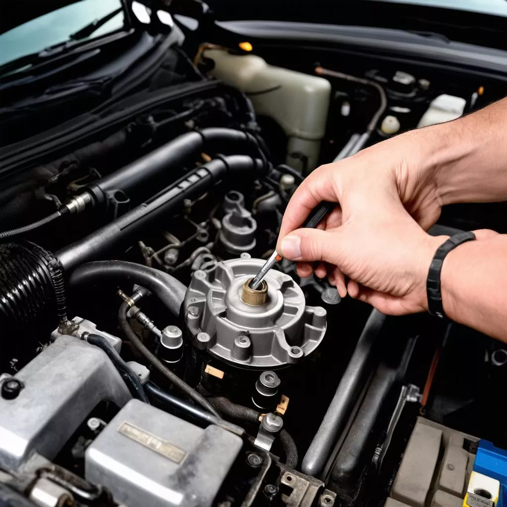 Inspecting a vacuum pump in a truck.