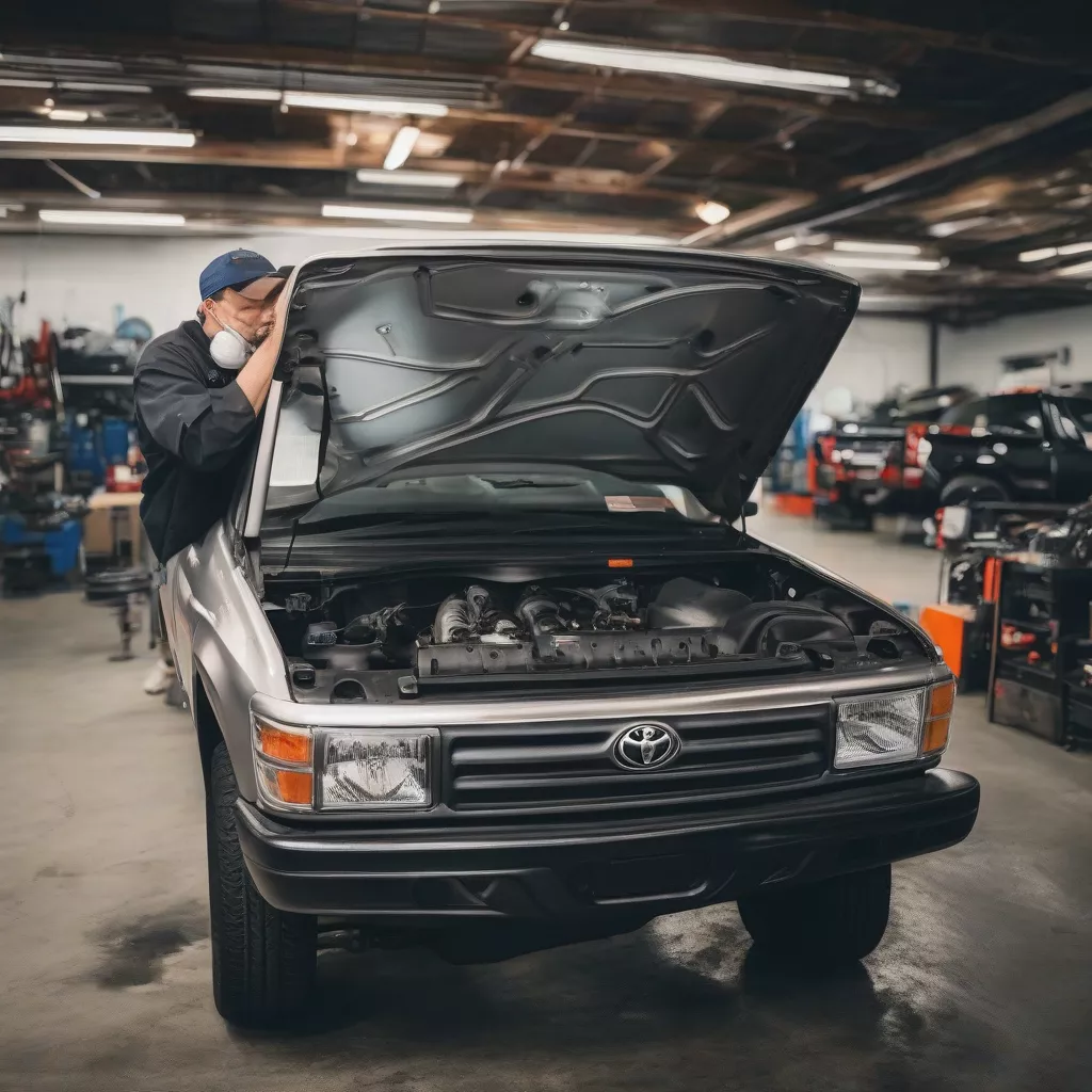 पुराने टोयोटा पिकअप ट्रक के इंजन की जाँच