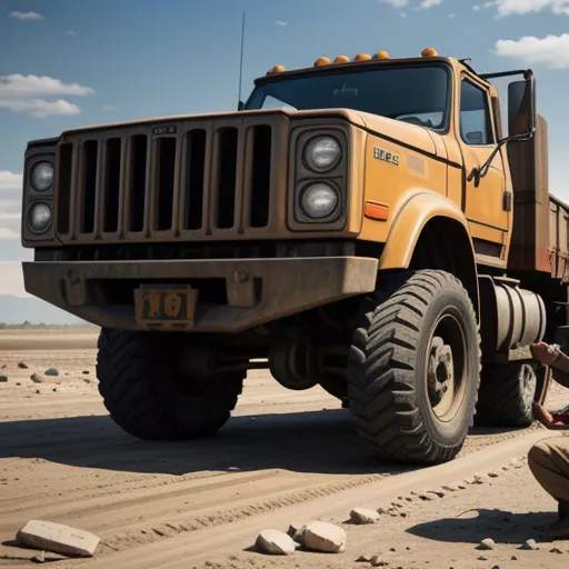 Mechanic inspecting the engine of a used dump truck