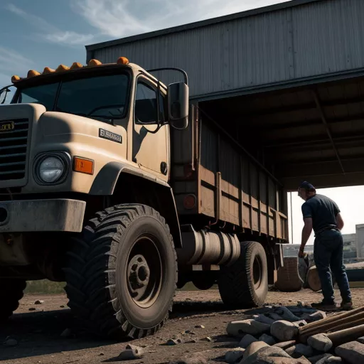 Inspecting the engine of a used dump truck