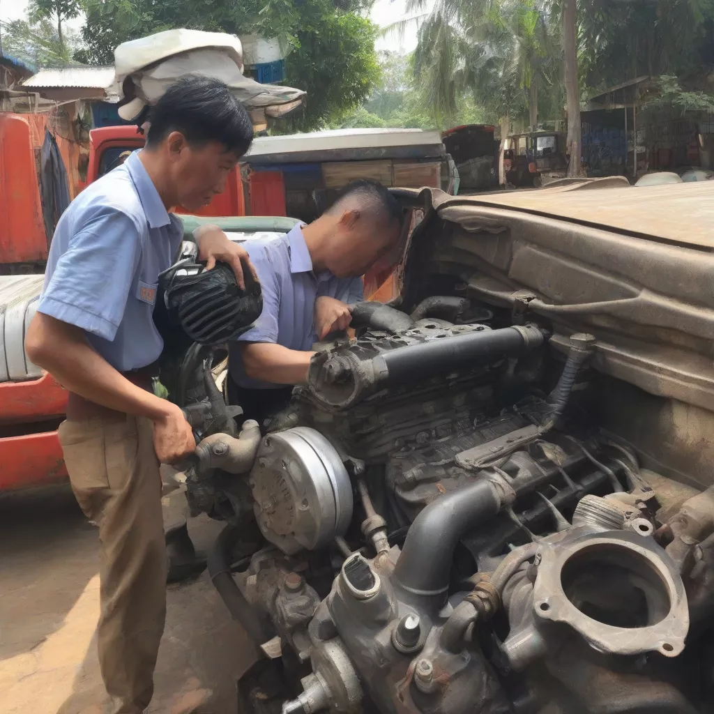 Inspecting the engine of a used truck in Vinh Phuc