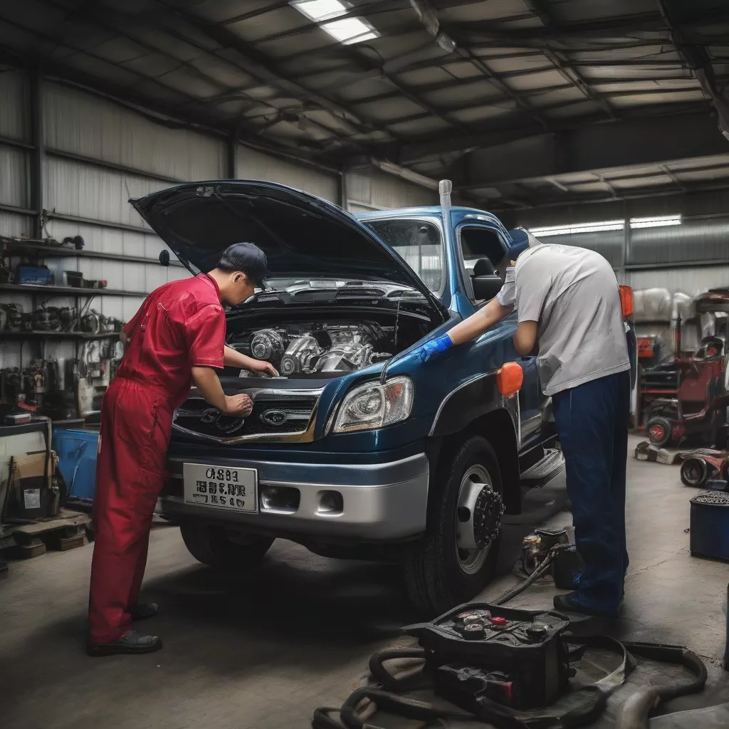Mechanic inspecting the engine of a used JAC 3-axle truck