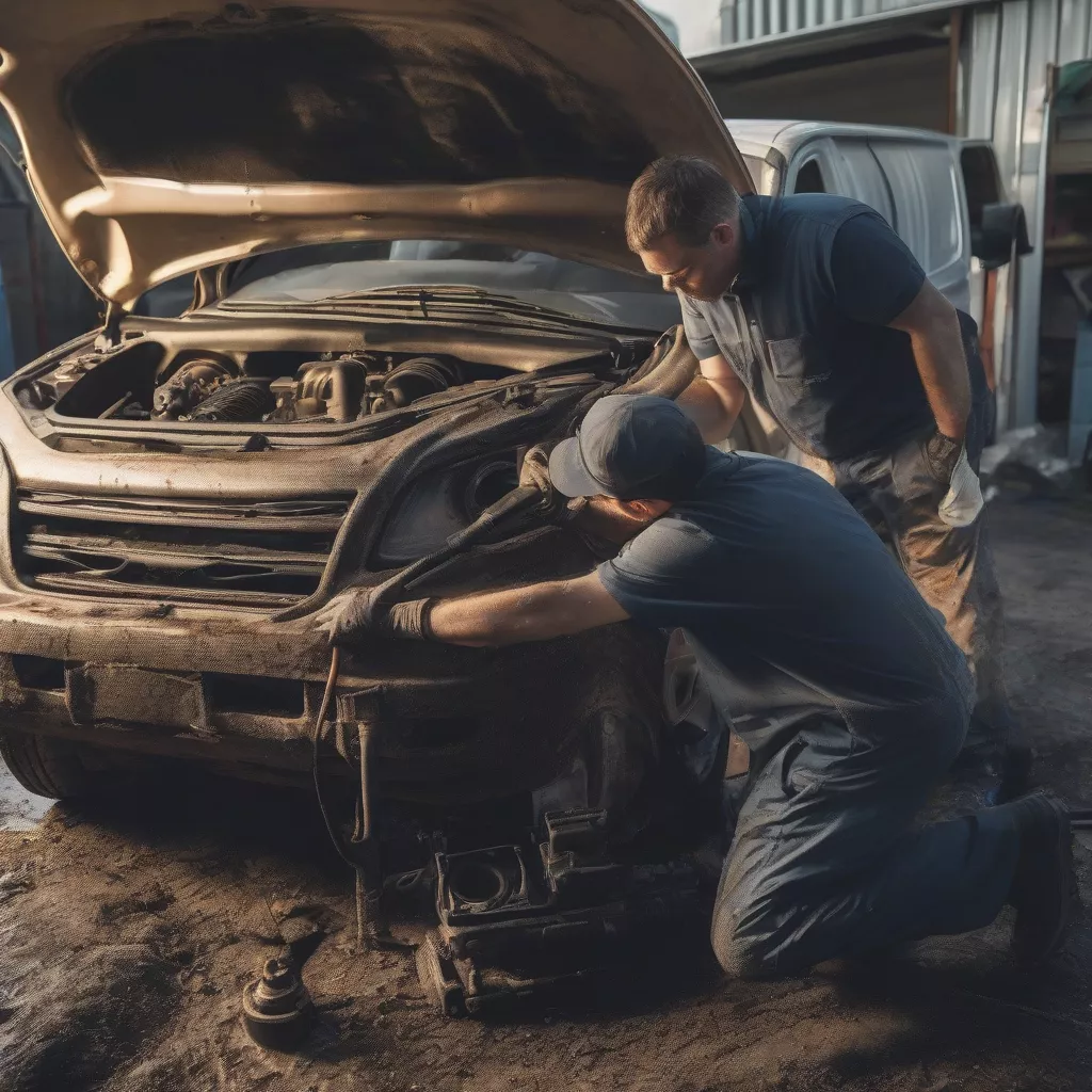 Inspecting the engine of a used van truck
