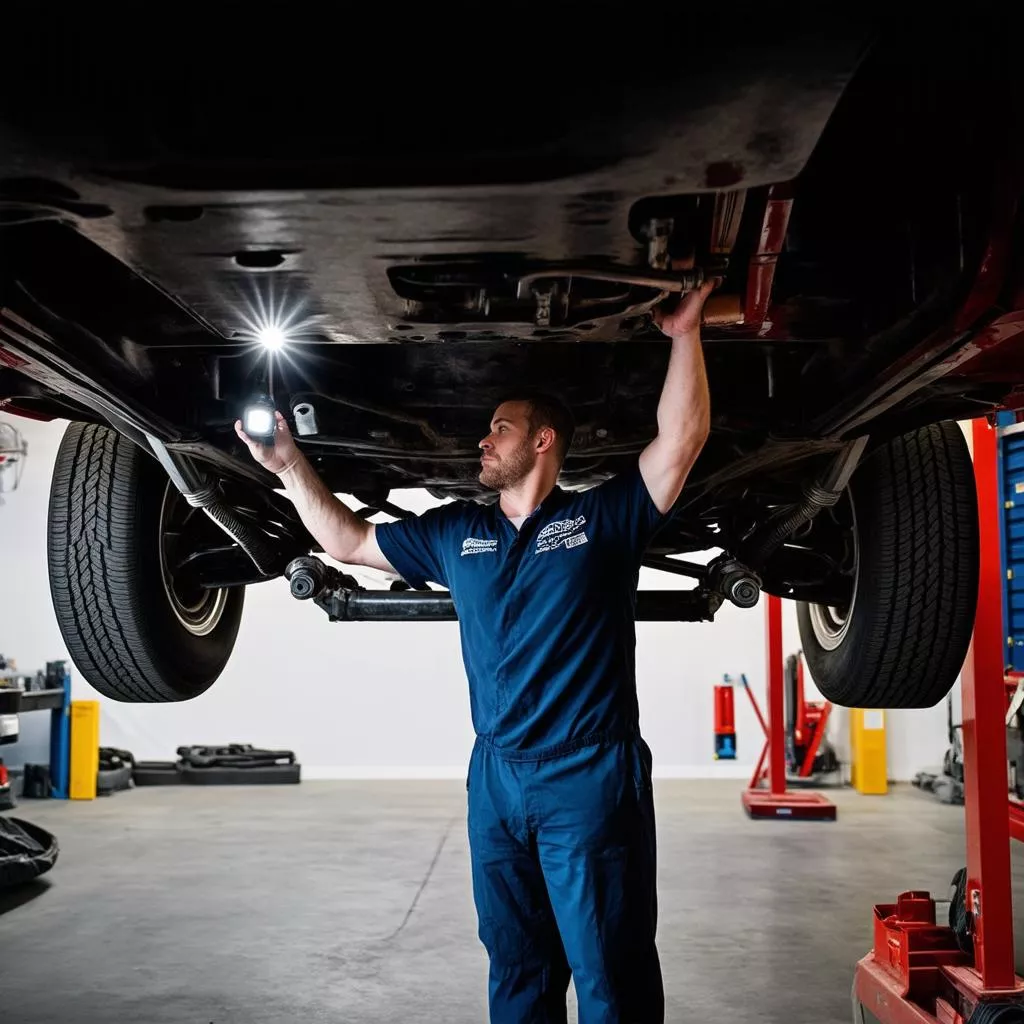 Inspecting car undercarriage after lift kit installation