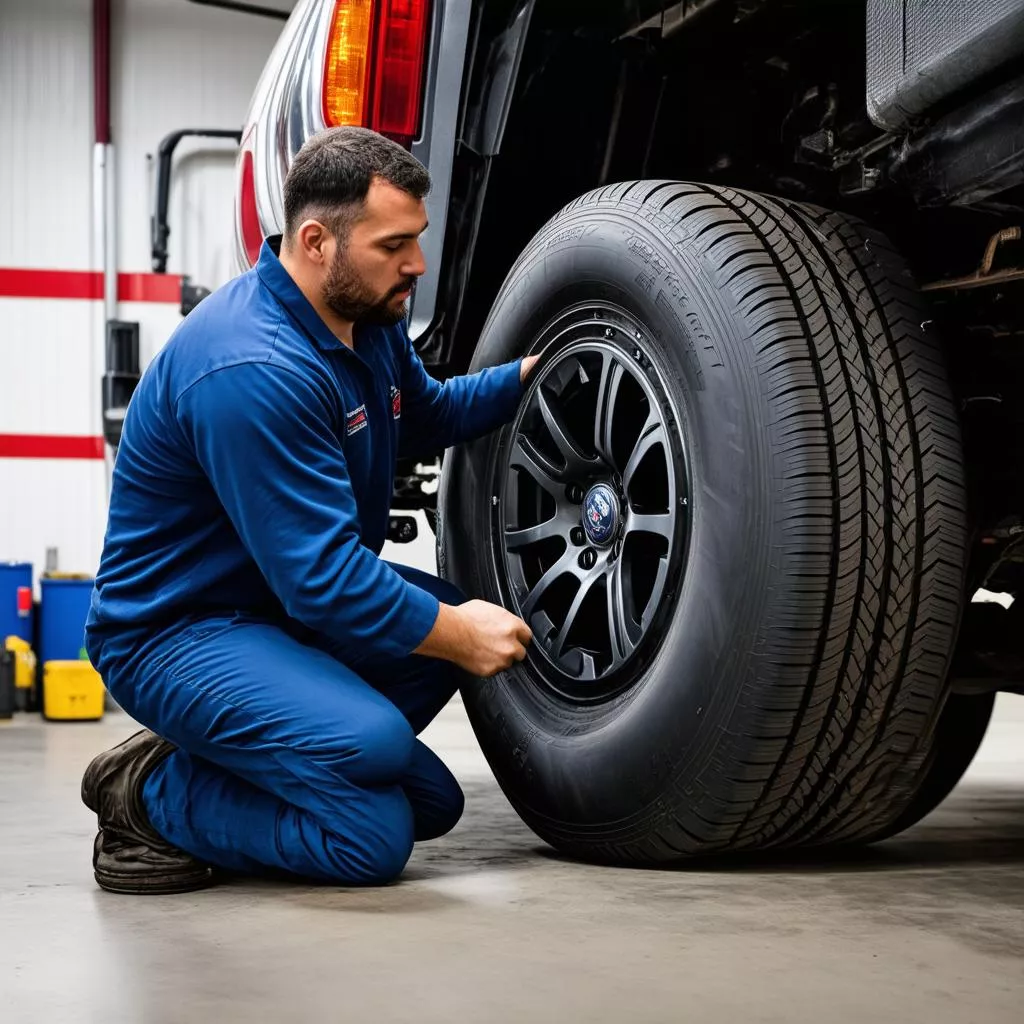 在修理厂检查卡车轮胎