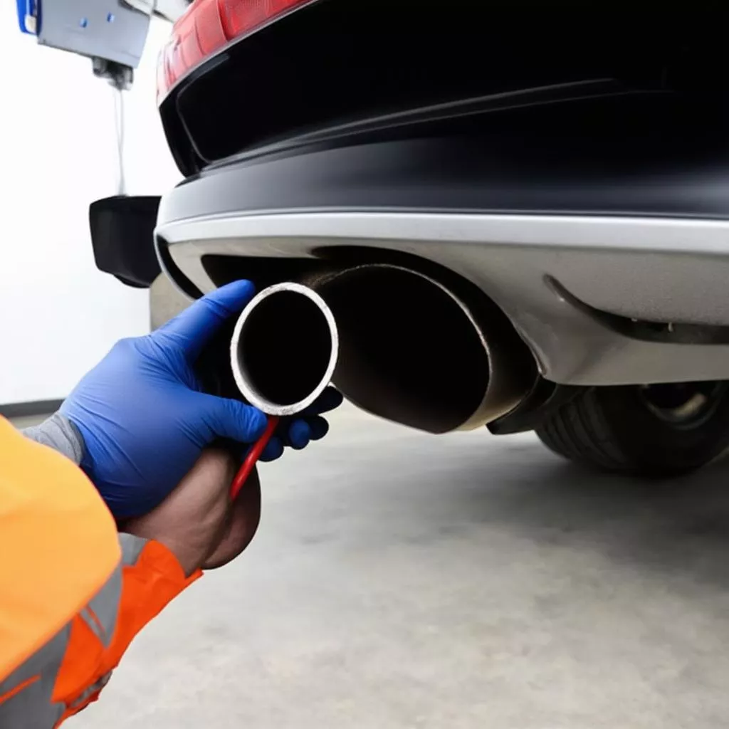 Inspecting a car exhaust pipe
