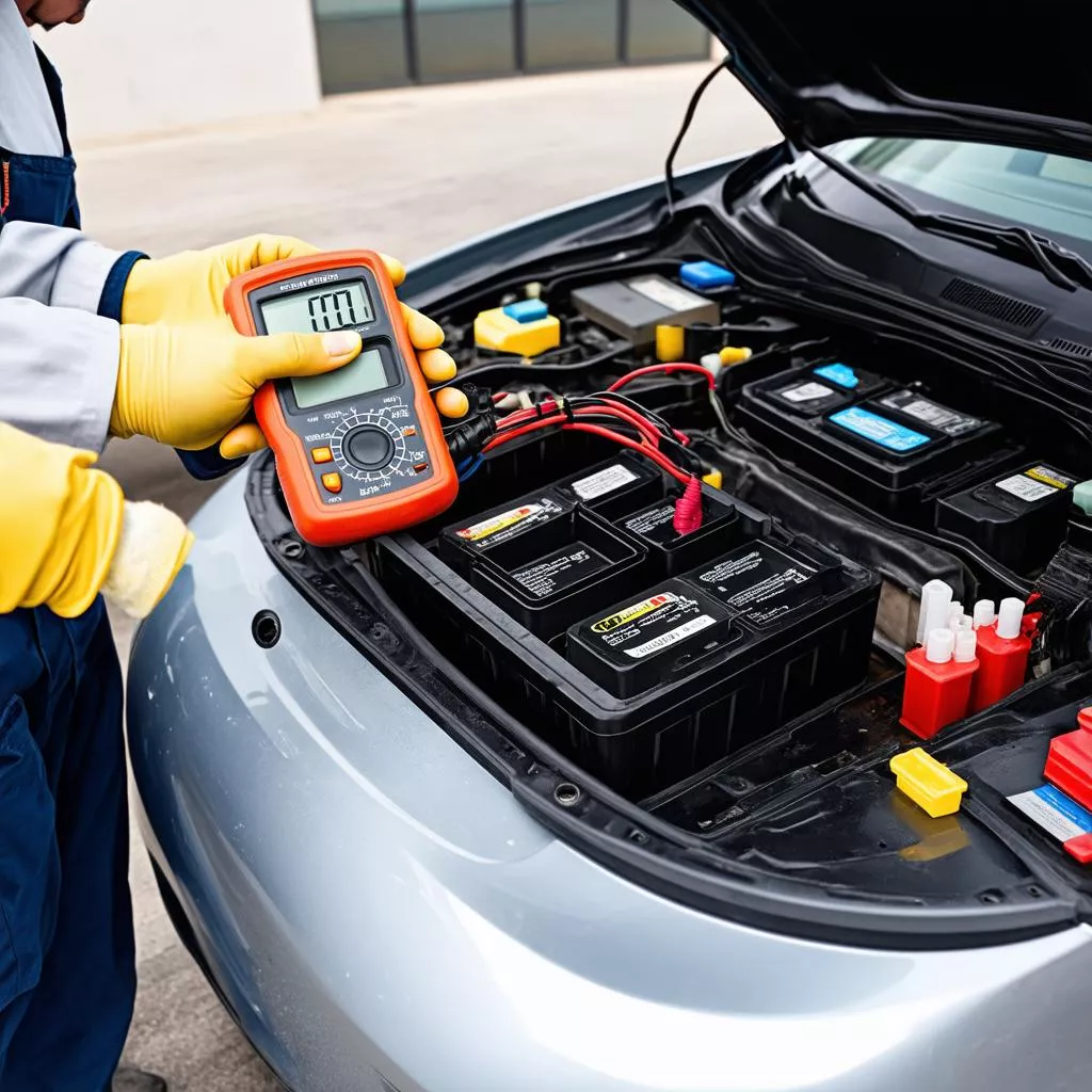 Technician inspecting an electric car battery