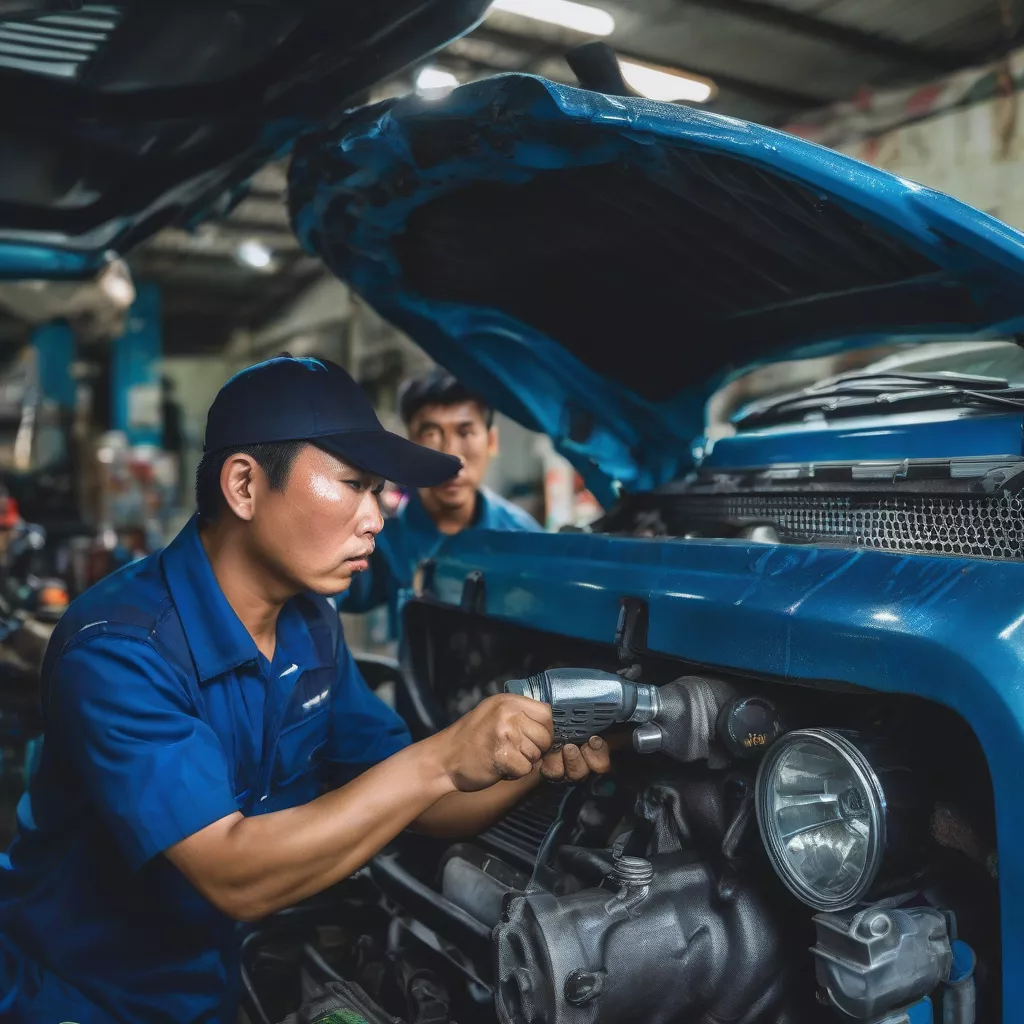 Mechanic inspecting a used pickup truck