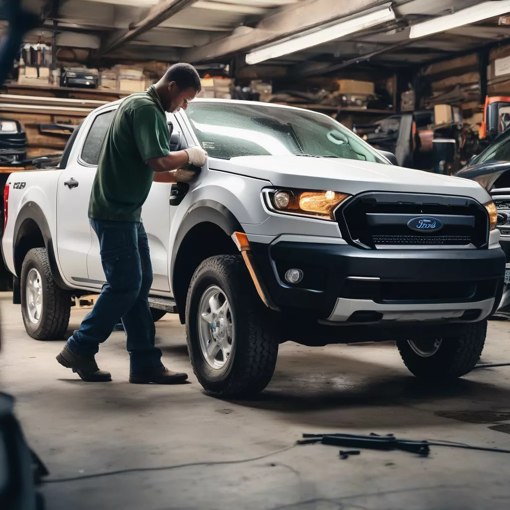 Mechanic inspecting the engine of a used Ford Ranger pickup truck