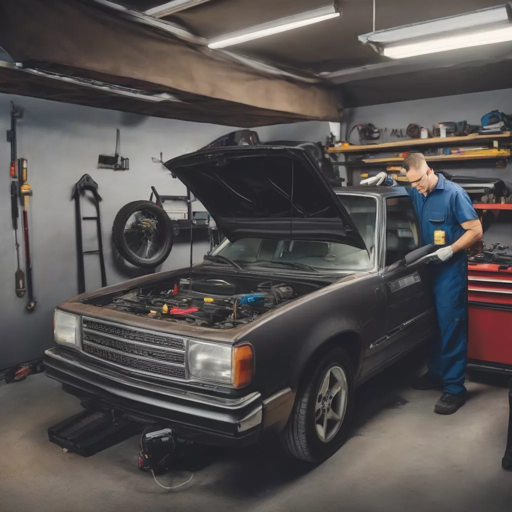 गैरेज में पुरानी कार की जाँच