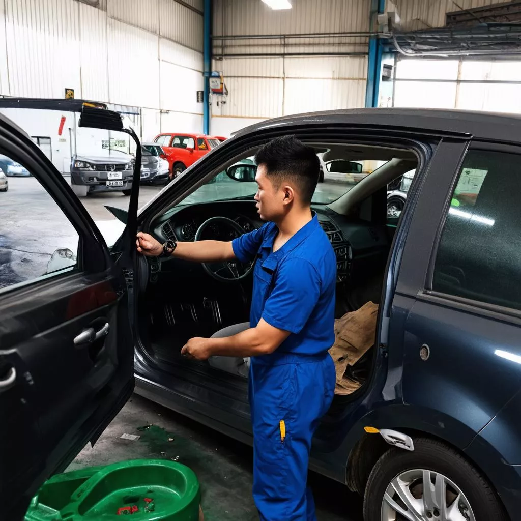 태원 자동차 정비소에서 중고차 점검