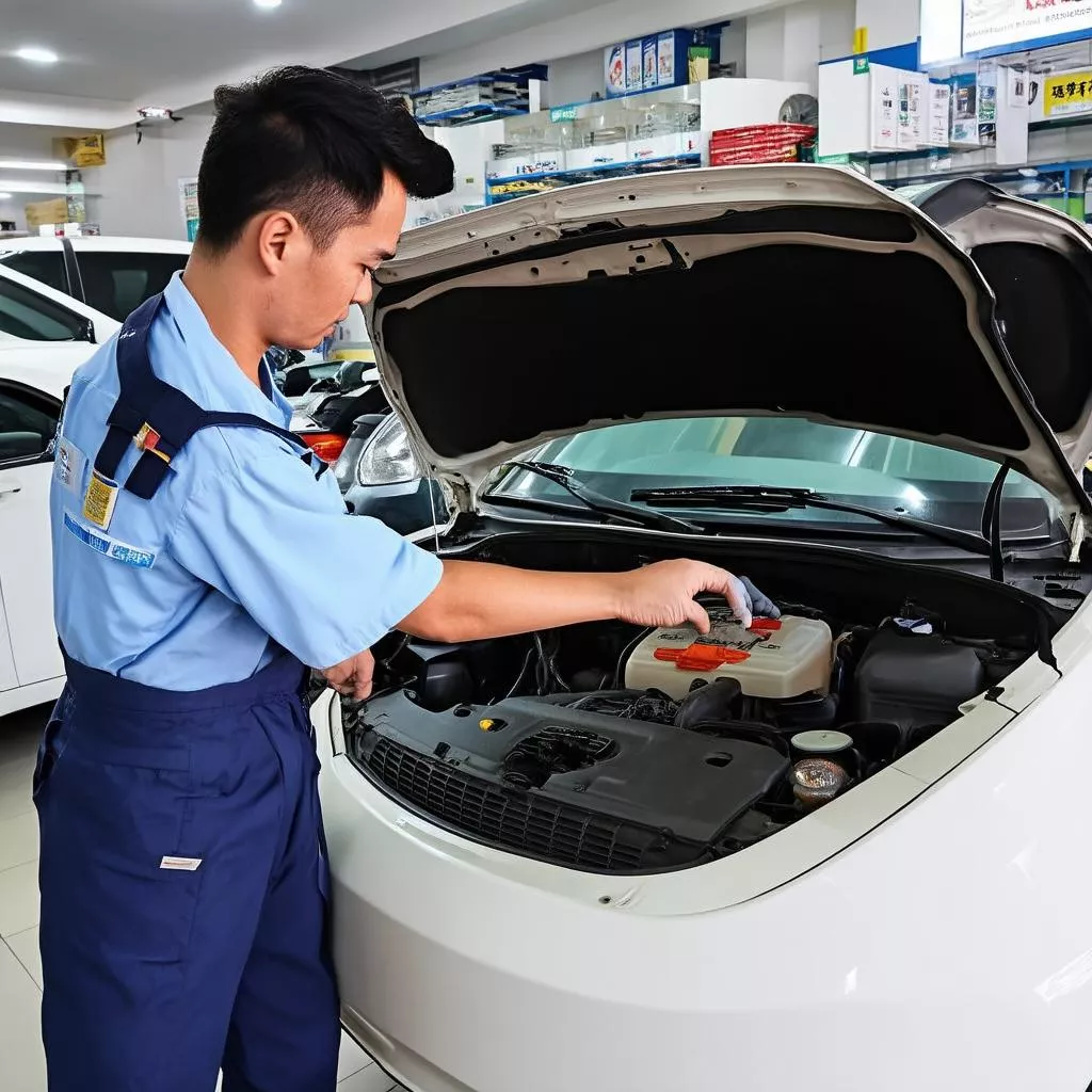 Inspecting a car at a Da Nang dealership
