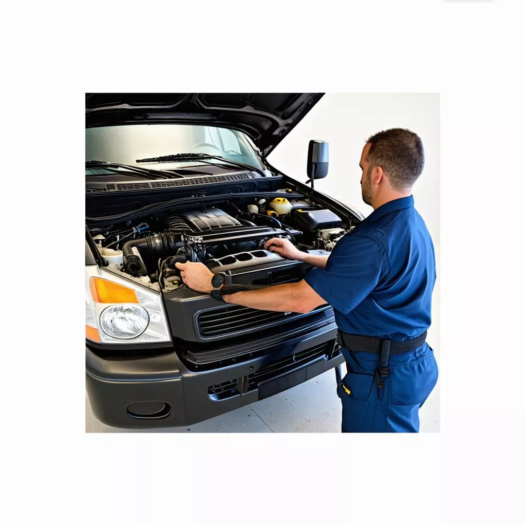 Especialista da Xe Tải Hà Nội a inspecionar um camião usado