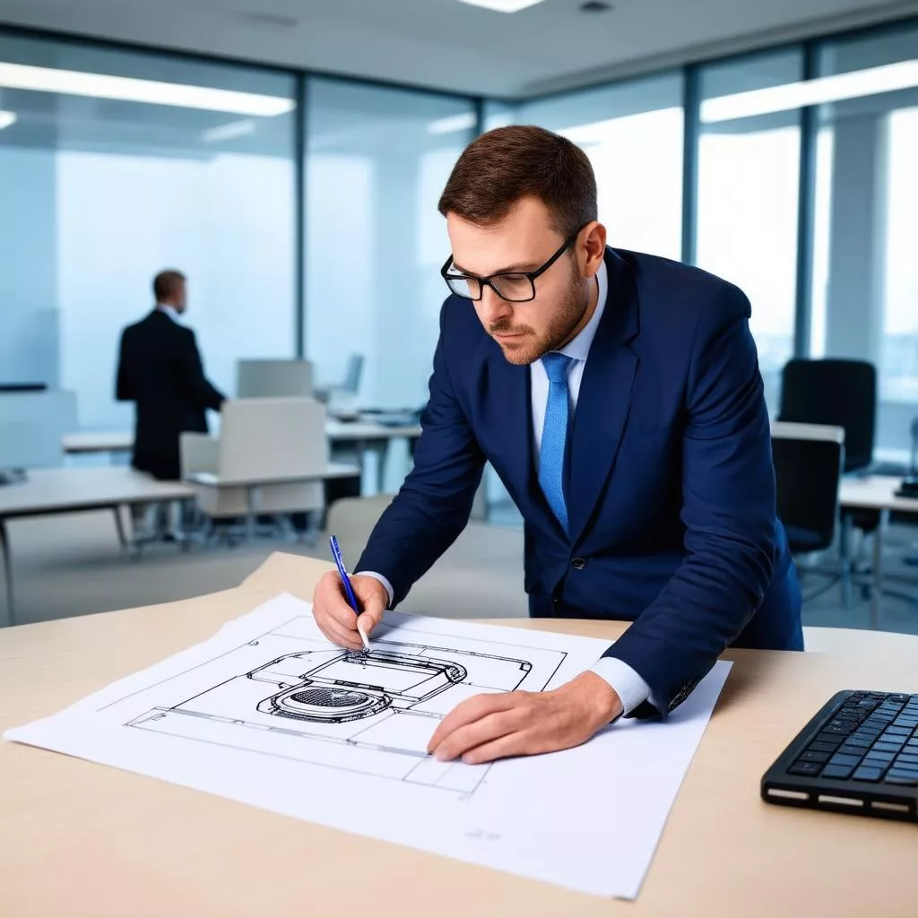 Ingénieur examinant un plan de conception automobile