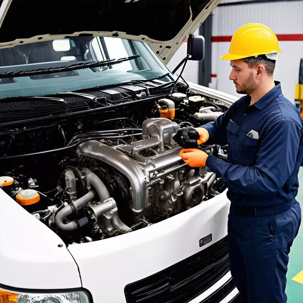 Kỹ sư kiểm tra động cơ xe tải