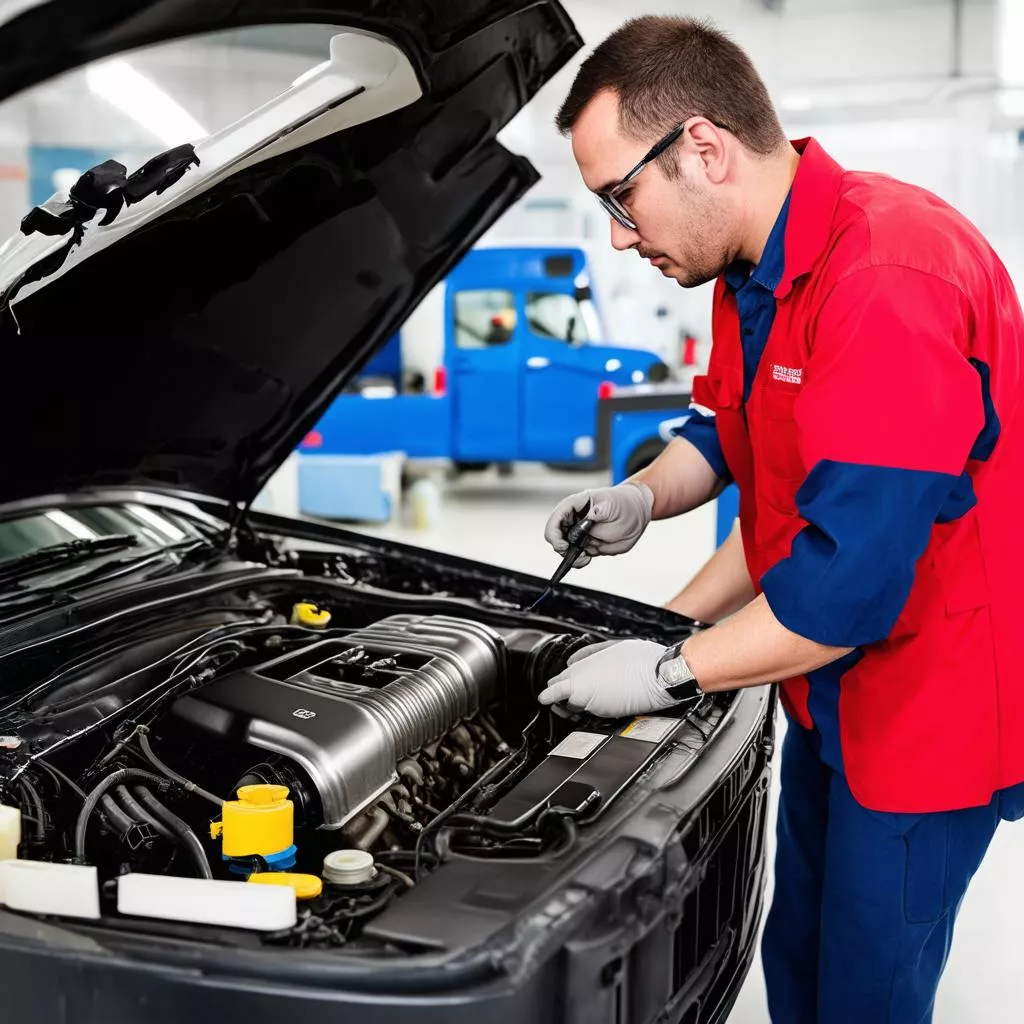 Automotive engineer inspecting an engine