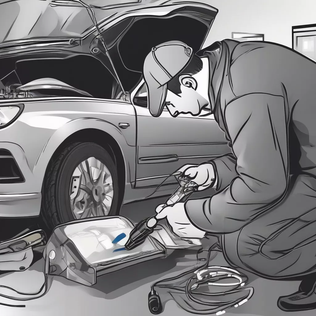 Technician inspecting car headlights