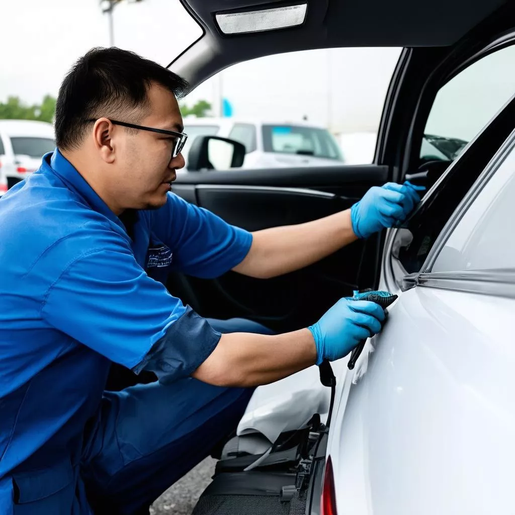 Technician inspecting a car's AC system