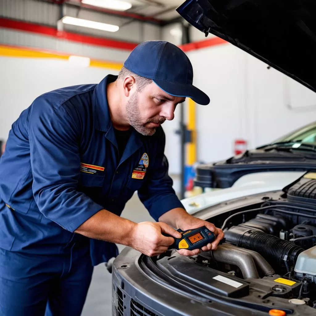 Kỹ thuật viên đang kiểm tra động cơ xe tải