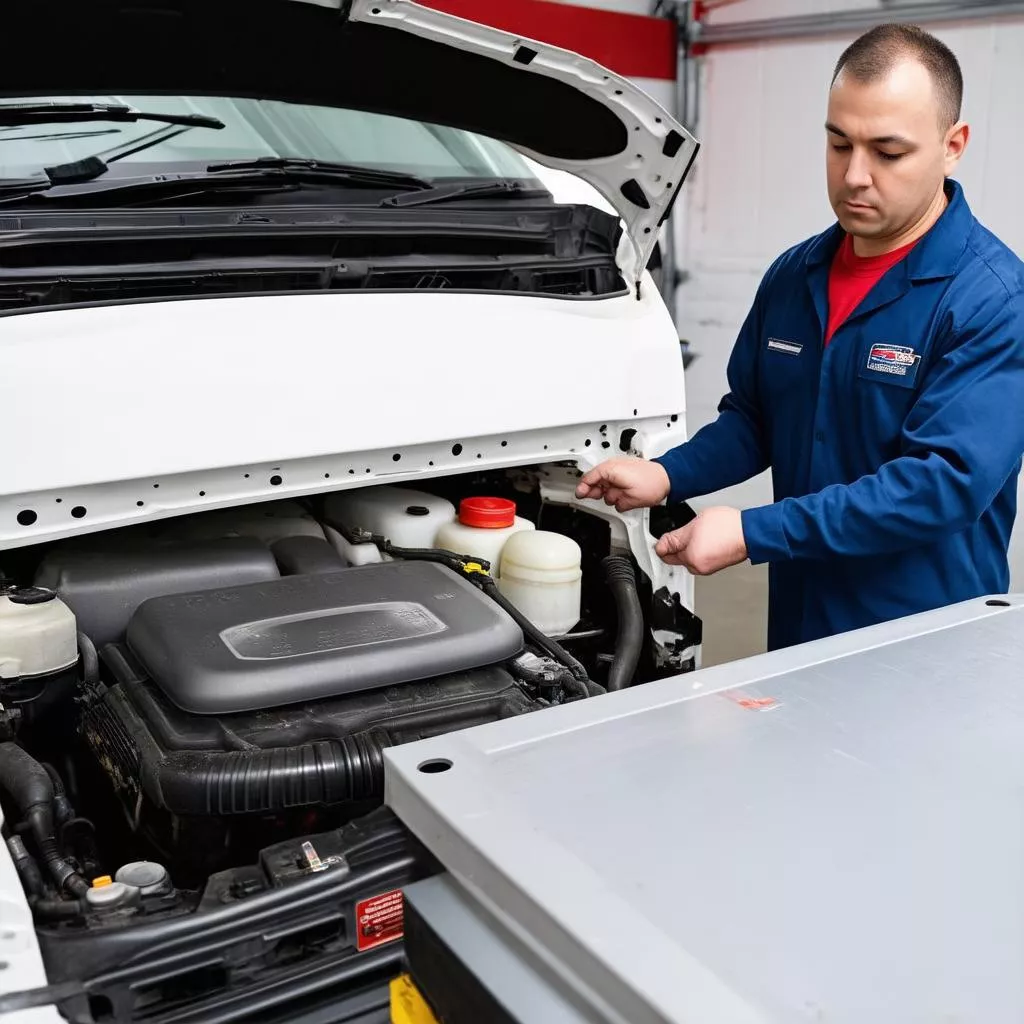 Technician inspecting a car's AC system