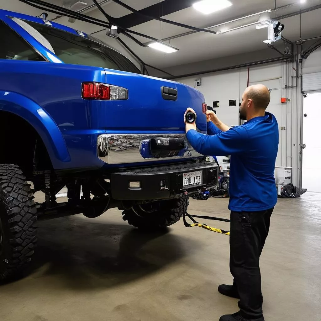 Technician installing a 360 camera on a truck at Xe Tải Hà Nội service center
